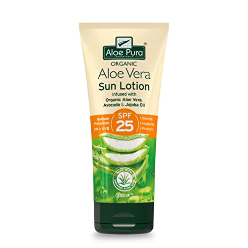 Aloe Pura, Organic Aloe Vera Sun Lotion SPF 25, Natural, Vegetarian, Cruelty Free, Paraben & SLS Free, Long-Lasting Shield, Medium Protection, 200ml