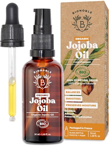 Bionoble Organic Jojoba Oil 50ml - 100% Pure, Natural and Cold Pressed - Face, Body, Hair, Beard, Nails - Vegan and Cruelty Free - Glass Bottle + Pipette + Pump