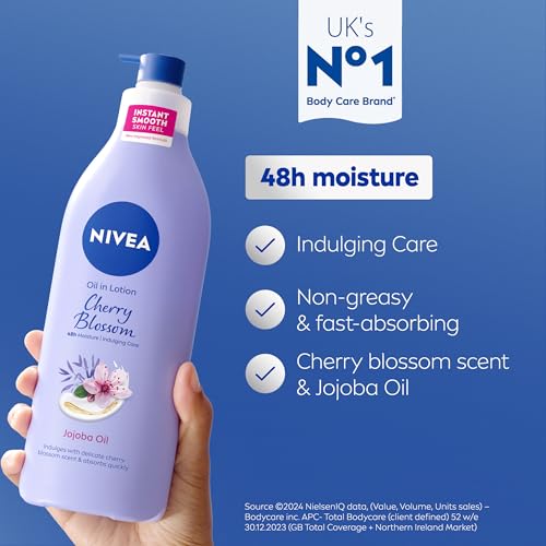 NIVEA Oil In Lotion Cherry Blossom & Jojoba Oil (400ml), Replenishing Body Lotion with Floral Cherry Blossom Scent & Pampering Jojoba Oil, Long-Lasting 48H Moisturising Cream, NIVEA Body Lotion
