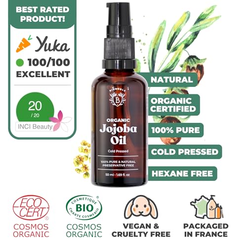 Bionoble Organic Jojoba Oil 50ml - 100% Pure, Natural and Cold Pressed - Face, Body, Hair, Beard, Nails - Vegan and Cruelty Free - Glass Bottle + Pipette + Pump