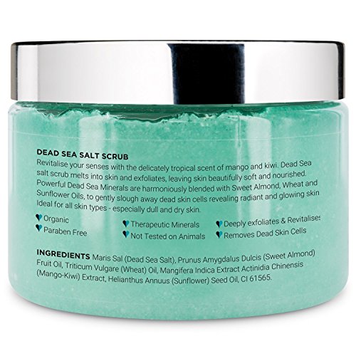 Dead Sea Salt Body Scrub 500G  Hydrating & Moisturising, Natural Oils & Minerals, Exfoliating, Softening & Nourishing, All Skin Types, No Parabens, Vegan & Cruelty Free (Mango & Kiwi)