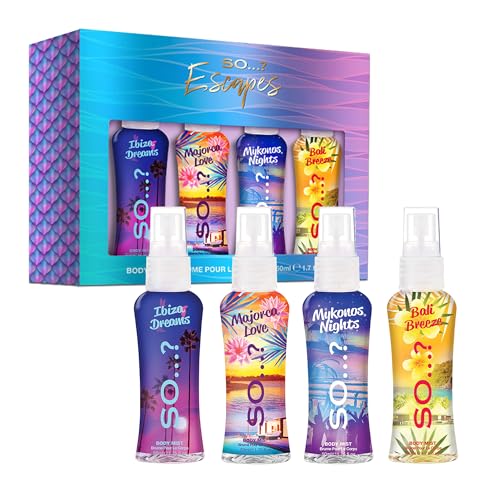 So? Escapes Womens Gift Set, with Ibiza Dream, Bali Breeze, Mykonos Nights & Majorca Love, Fragrance Spray Set (4 x 50ml)