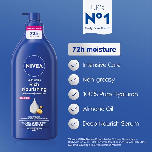 NIVEA Rich Nourishing Body Lotion (625ml), Rich 72H Hydration NIVEA Moisturiser for Dry Skin Made with Deep Moisture Serum and Almond Oil, Extra Large NIVEA Body Lotion