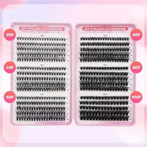 Cluster Lashes Individual Eyelashes 570pcs Natural Eyelash Clusters D Curl Lashes 8-16MM Soft & Fluffy Thick Volume DIY Russian Lash Extensions(30+40+50+60+80+100D)