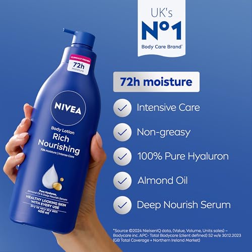 NIVEA Rich Nourishing Body Lotion (400ml), Rich 72H Hydration NIVEA Moisturiser for Dry Skin Made with Deep Moisture Serum and Almond Oil, Intensive Hydration NIVEA Body Lotion, Pack of 1