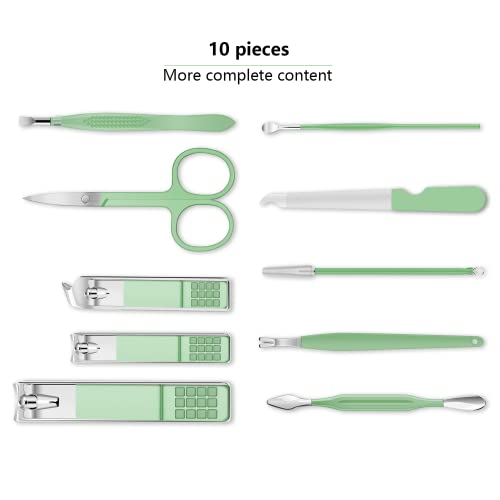 Manicure Set 10pcs Professional Nail Clippers Kit Pedicure Care Tools-Stainless Steel Grooming Tools for Travel (Green)