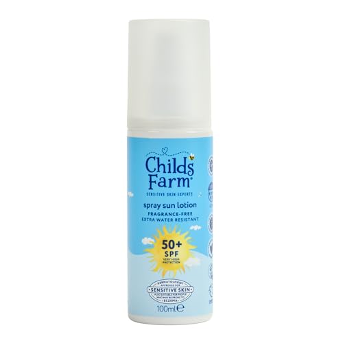 Childs Farm Kids & Baby Sun Lotion Spray SPF 50+ | UVA & UVB Very High Protection | Extra Water Resistant | Fragrance Free | Suitable for Dry, Sensitive Skin, 100ml