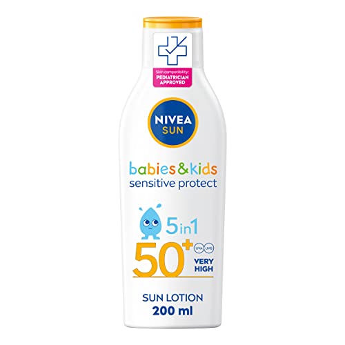 NIVEA SUN Kids Protect & Sensitive Sun Lotion (200ml) Sunscreen with SPF 50+, Kids Suncream for Sensitive Skin, Immediately Protects Against Sun Exposure