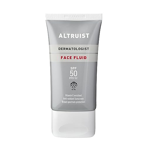 Altruist Dermatologist Sunscreen Fluid SPF – Superior 5star UVA face protection by Dr Andrew Birnie premium antioxidant, White, Unscented, 50 millilitre