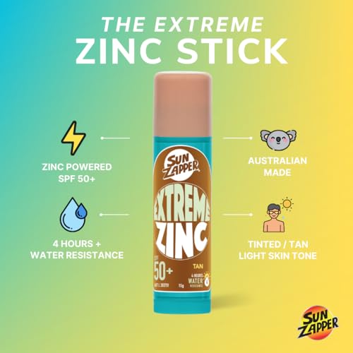 Sun Zapper Zinc Stick - Tan, Light Skin Tinted Sunblock Stick SPF 50+ Zinc Oxide Sunscreen for Face Mineral Sun Cream Made in Australia