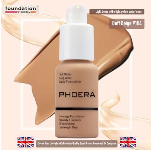 PHOERA Foundation Concealer Makeup Full Coverage Matte Brighten Long Lasting UK (104 BUFF BEIGE)