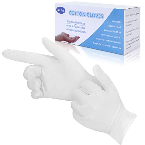 30 Pcs White Cotton Gloves for Eczema, Washable Shrink Resistant Cotton Gloves for Men and Women, Stretchable Breathable Cloth
