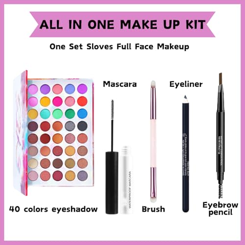All In One Makeup Kit - Full Kit Makeup Gift Set For Women & Teens - Essential Bundle Include 40 Colors Eyeshadow Palette, Mascara, Eyebrow Pencil, Eyeliner, Cosmetic Brushes