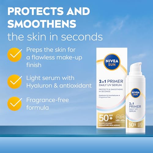 NIVEA SUN UV 2in1 Primer Daily UV Serum SPF50+ (30ml), Frangrance-Free Sunscreen with High SPF, Ideal as Makeup Base, Moisturising Formula with Hyaluron, No White Cast