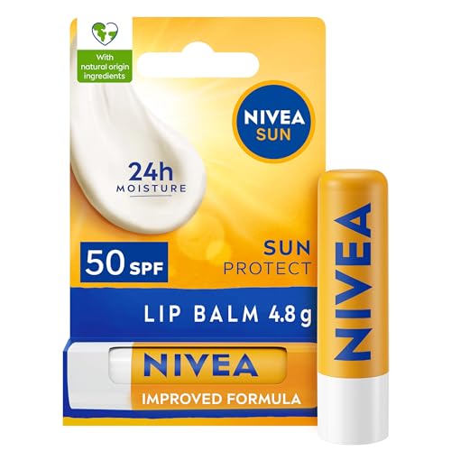 NIVEA SUN Protect Caring Lip Balm SPF50 (5.5ml), Factor 50 Lip Balm with Shea Butter, Protection Against UVA/UVB Rays with 24H Moisture, Lip Care, No White Cast