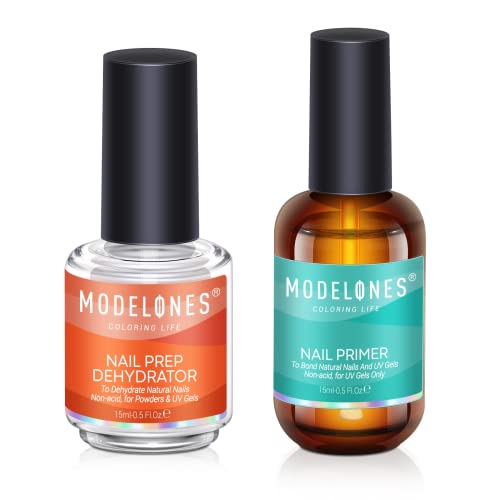Modelones Professional Gel Nail Polish Primer, 2Pcs 15ml Acid Free Natural Nail Prep Dehydrate, Air Dry Superior Bonding Primer for Acrylic Powder Supplies Set