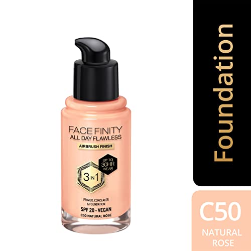 MAX FACTOR - Facefinity All Day Flawless Foundation - 3-in-1 Concealer, Liquid Foundation & Face Primer - Up To 30hr Wear - Flawless Airbrush Finish, SPF 20, Vegan - C50 Natural Rose - 30ml