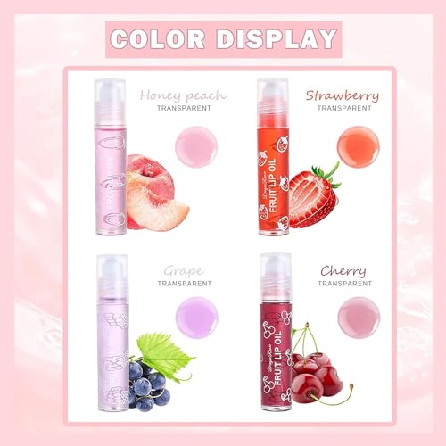 4Pcs Roll On Lip Oil Hydrating Lip Gloss Set, Lip Shine Fruit Lip Gloss, Transparent Plumping Lip Gloss Natural Shiny, Crystal Jelly Liquid Lipstick Long Lasting Lip Care for Women & Girl (4 PCS A001)