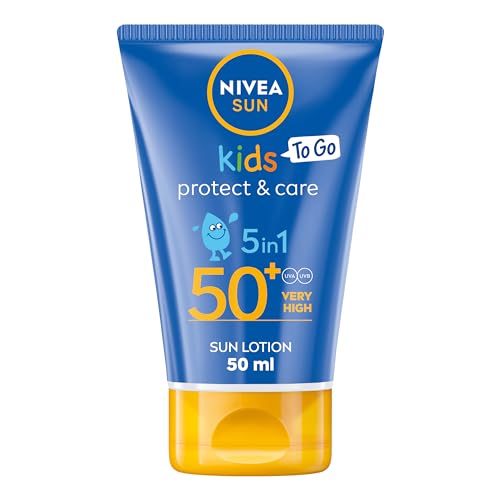 NIVEA Sun Kids Protect & Care To Go SPF 50+ Lotion (50ml), Moisturising Kids Sun Cream Immediately Protects Delicate Skin Against Sunburn and Long-Term UV Damage, Fast-Absorbing No White Cast Formula