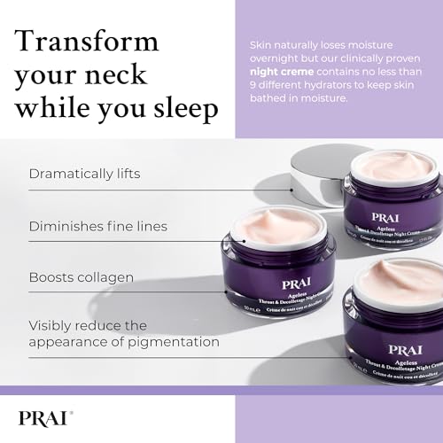 PRAI Ageless Throat & Decolletage Night Creme 50ml - Moisturising & Hydrating Formula, Two Types of Retinol - Brightens & Firms Skin - Anti-Ageing, Anti-Wrinkle Cream - Overnight Recovery Skincare