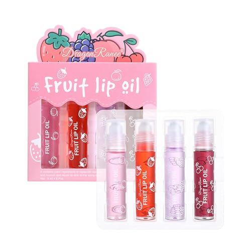4Pcs Roll On Lip Oil Hydrating Lip Gloss Set, Lip Shine Fruit Lip Gloss, Transparent Plumping Lip Gloss Natural Shiny, Crystal Jelly Liquid Lipstick Long Lasting Lip Care for Women & Girl (4 PCS A001)