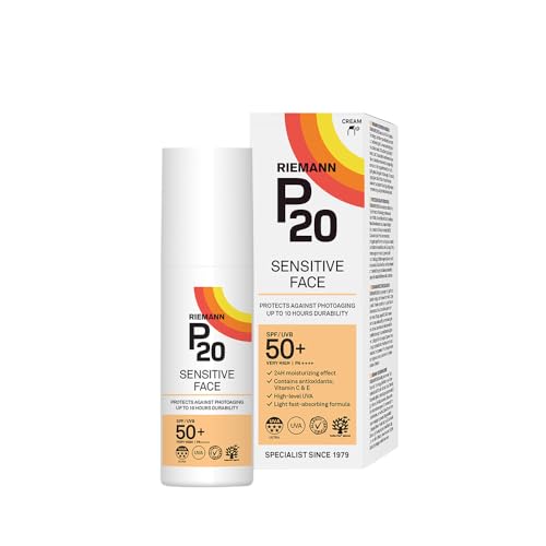 RIEMANN P20 Sensitive FACE SPF50+ UV Protection Cream, 50 Grams, Non Greasy Highly Effective Protects Face from UV Radiation, Sun Protection Factor 50+, Water/Sweat Resistant, Wear under Make Up