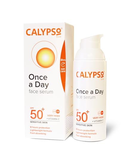 Calypso Once a Day Serum SPF50+, Serum with Vitamin C for Face and Neck, for Sensitive Skin. Very High Sun Protection. UVA + UVB Primer.