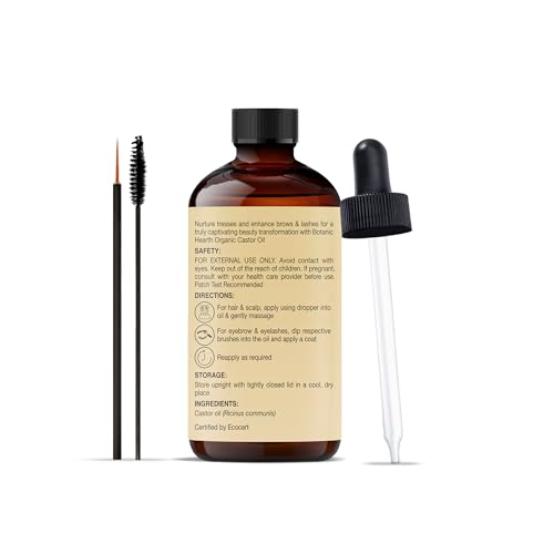 Castor Oil with Glass Bottle | USDA Certified Organic |100% Pure & Hexane Free | Cold Pressed | Growth for Eyelashes, Eyebrows, Hair | With Eyebrow & Eyelash Brush | 2 fl oz