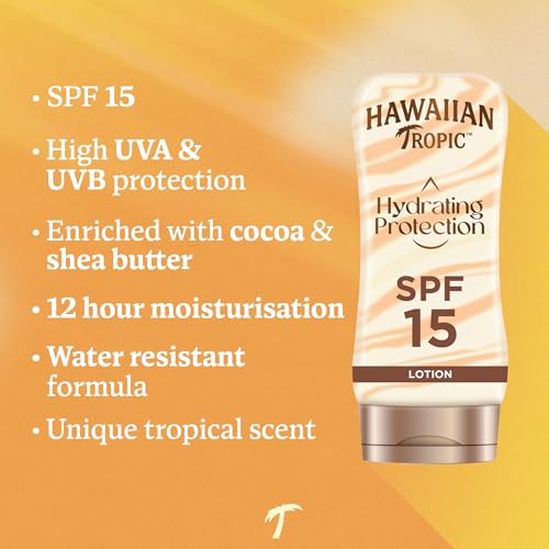 Hawaiian Tropic Hydrating Protection Sunscreen Lotion, Water Resistant SPF 15 UVA + UVB Protection Suncream, 12-Hour Moisturising Sun Lotion with Cocoa and Shea Butter, 180 ml