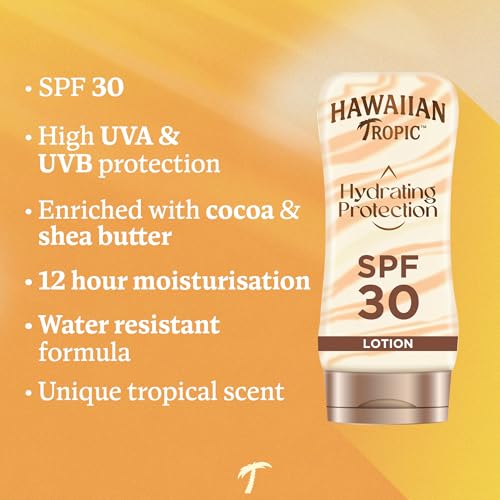 Hawaiian Tropic Hydrating Protection Sunscreen Lotion, Water Resistant SPF 30 UVA plus UVB Protection Suncream, 12-Hour Moisturising Sun Lotion with Cocoa and Shea Butter, 180 ml