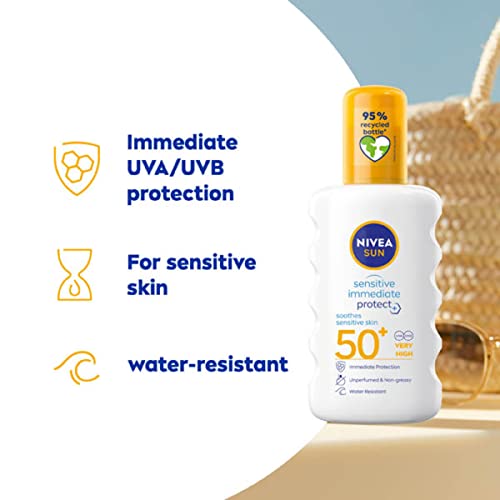 NIVEA SUN Protect and Sensitive Sun Spray (200 ml), Sunscreen with SPF50, Suncream for Sensitive Skin with Aloe Vera, Immediately Protects Against Sun Exposure