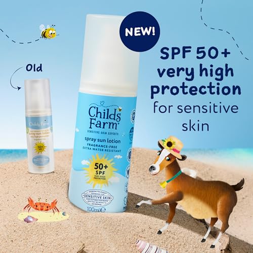 Childs Farm Kids & Baby Sun Lotion Spray SPF 50+ | UVA & UVB Very High Protection | Extra Water Resistant | Fragrance Free | Suitable for Dry, Sensitive Skin, 100ml