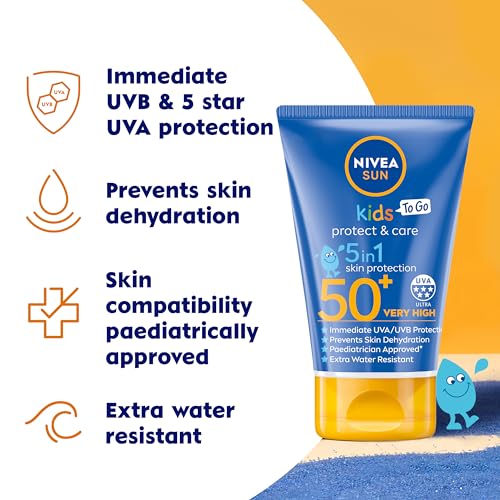 NIVEA Sun Kids Protect & Care To Go SPF 50+ Lotion (50ml), Moisturising Kids Sun Cream Immediately Protects Delicate Skin Against Sunburn and Long-Term UV Damage, Fast-Absorbing No White Cast Formula