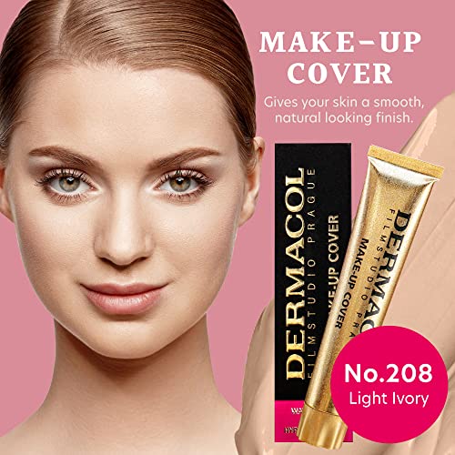 Dermacol Full Coverage Foundation | Long Lasting Waterproof Cream Concealer SPF30 | Hypoallergenic Lightweight Concealer | Tattoo Covers, Acne and Dark Circles | (208)