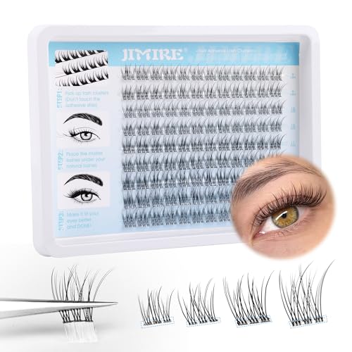 JIMIRE Self Adhesive Eyelashes Natural Pre Glued Lash Clusters No Glue Needed Press on Lashes Wispy Reusable Self Adhesive Cluster Lashes Eyelash Clusters Easy to Apply 9-12MM