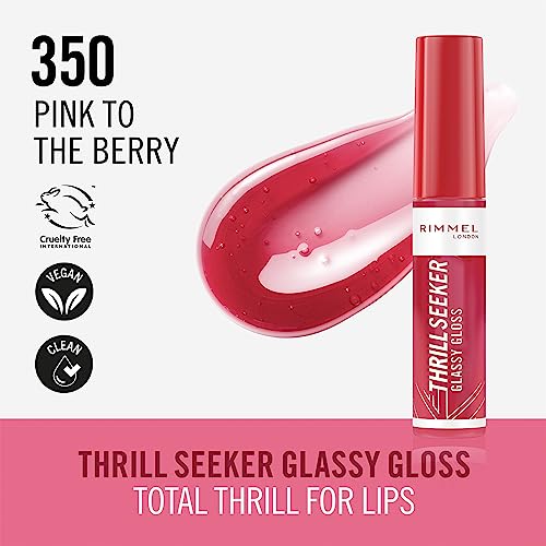 Rimmel Thrillseeker Glassy Gloss 350 Pink to the Berry, Hydrating Shine, Hyaluronic Acid, Anti-Oxidant Complex, Non-Sticky, Big Applicator, Healthy-Looking Lips, Delicious Scent, Vegan, Cruelty Free