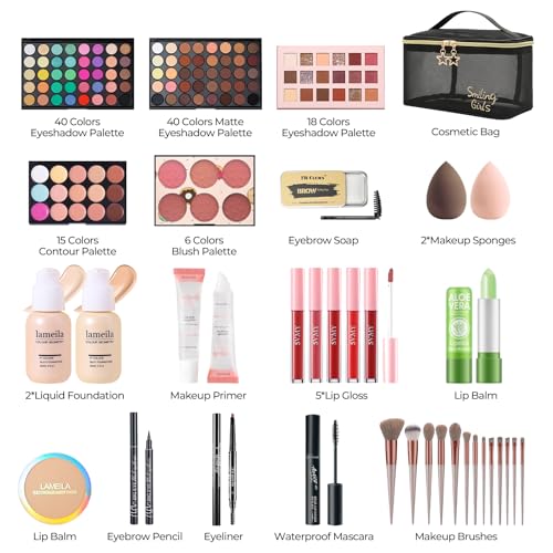 Makeup Kit for Girls, Teens & Women, Travel Makeup Set Includes Eyeshadow, Foundation, Blusher, Eyebrow Pencil, Mascara, Eyeliner, Brushes, Lip Gloss, Sponge with Mash Bag