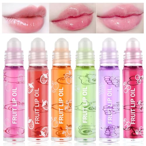 AOOWU 6 Pcs Hydrating Lip Oil Set, Fruit-Flavored Plumping, Long Lasting Glow Balm Care, Transparent Moisturizing No-Sticky Gloss(Peaches, Orange, Avocado, Strawberry, Grape, Cherry), 19.0 ml