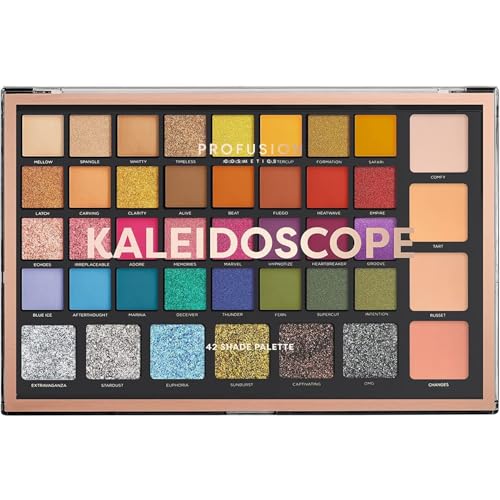 Profusion Cosmetics Kaleidoscope 42 Shade Palette Bright Colors Matte Shimmer Satin Colorful Eyeshadow Makeup Pallete Long lasting and Pro Pigment Silky Powder Eye Shadow