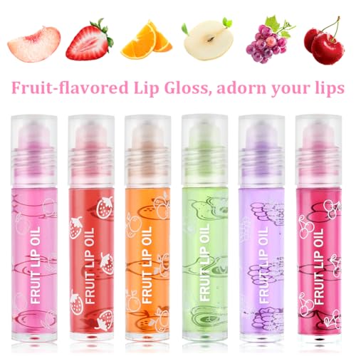 AOOWU 6 Pcs Hydrating Lip Oil Set, Fruit-Flavored Plumping, Long Lasting Glow Balm Care, Transparent Moisturizing No-Sticky Gloss(Peaches, Orange, Avocado, Strawberry, Grape, Cherry), 19.0 ml