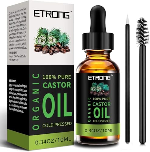 Organic Castor Oil,Pure Cold Pressed Castor Oil for Eyebrows,Eyelashes,Hair Growth,Nails,and Skin with 1 Set of Eyebrow&Eyeliner Brushes (10 ml)