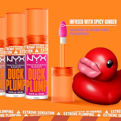 NYX Professional Makeup Lip Plumping Gloss, Intense Colour and High Pigmentation, With Extreme High Shine Finish, Infused with Spicy Ginger, Vegan Formula, Duck Plump, Nude Swings