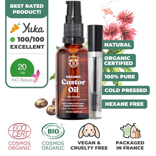 Organic Castor Oil 50ml - 100% Pure, Natural, Cold Pressed - Lashes, Eyebrows, Body, Hair, Beard, Nails - Vegan, Cruelty Free - Glass Bottle + Pipette + Pump + Mascara Kit