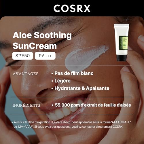 COSRX Aloe Soothing Sun Cream SPF 50+++, Daily Hydrating Sunscreen for Dry Sensitive Skin, UVA&UVB Protection, No White Marks, Sun Moisturiser, Korean Sunscreen, Korean Skincare