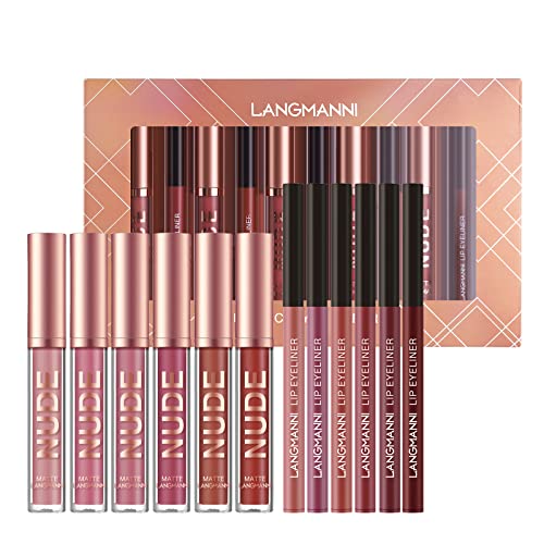 6 Matte Lipstick with 6 Lipliners Durable Lip Gloss,Long-Lasting&Waterproof Non-Stick Cup High Pigmented Velvet Lipgloss Kit,Beauty Cosmetics Gift for Girls(12PCS)