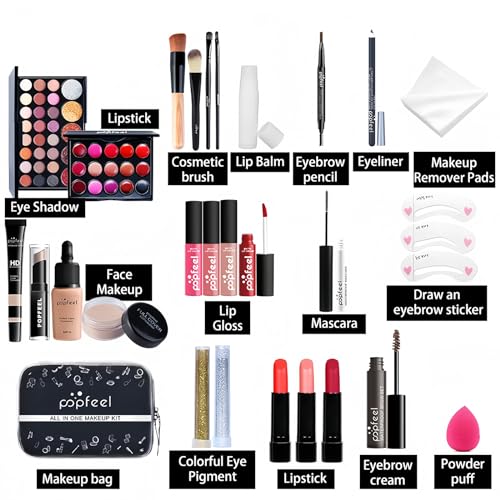 All-in-one Makeup Set Gift, 27 Pieces, Complete for Women with Cosmetic Essentials and Makeup Travel Bag, Bundle Eyeshadow Palette, Lipstick, Foundation, Powder for Teenagers
