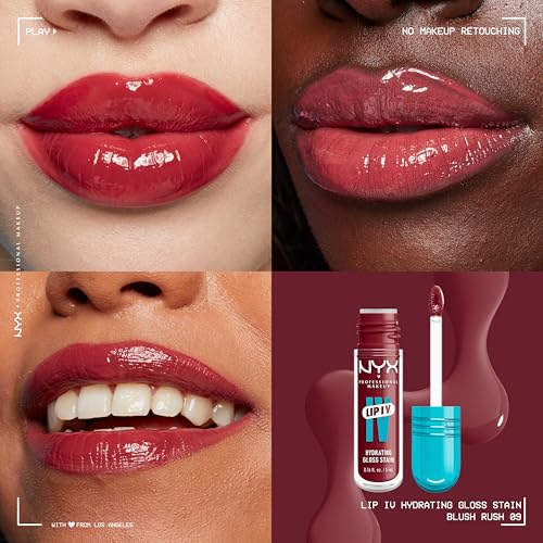 NYX Professional Makeup Lip IV Hydrating Gloss Stain, Lip Gloss, Up to 12HR Hydration, High Pigment, Wet Shine Finish, Blush Rush