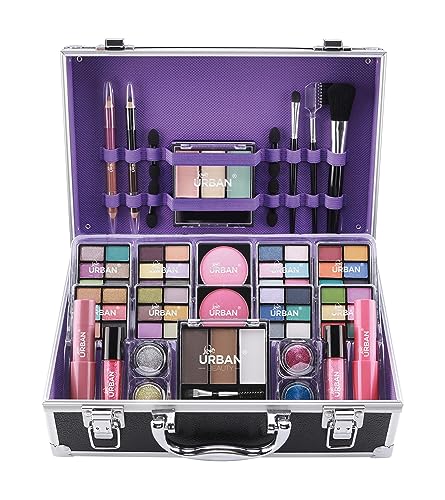 Love Urban Beauty Bliss Makeup Case Vegan Products – Complete Suitcase Eyeshadow, Blusher, Lipstick, Eyebrow Wax & Powder, Brushes Aluminum-Framed Organizer, Black, 1.0 count