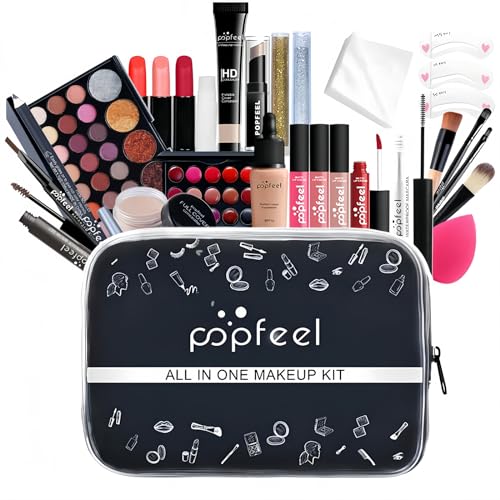 All-in-one Makeup Set Gift, 27 Pieces, Complete for Women with Cosmetic Essentials and Makeup Travel Bag, Bundle Eyeshadow Palette, Lipstick, Foundation, Powder for Teenagers