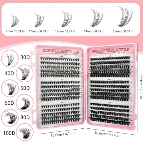KEYRI 580 Pieces Individual Eyelashes 30-40-50-60-80-100D Cluster Lashes Kit DIY Eye Lashes Fluffy Russian Eyelashes Extensions Curly Durable Eyelash Clusters for Girls and Women (8-16mm Mix)